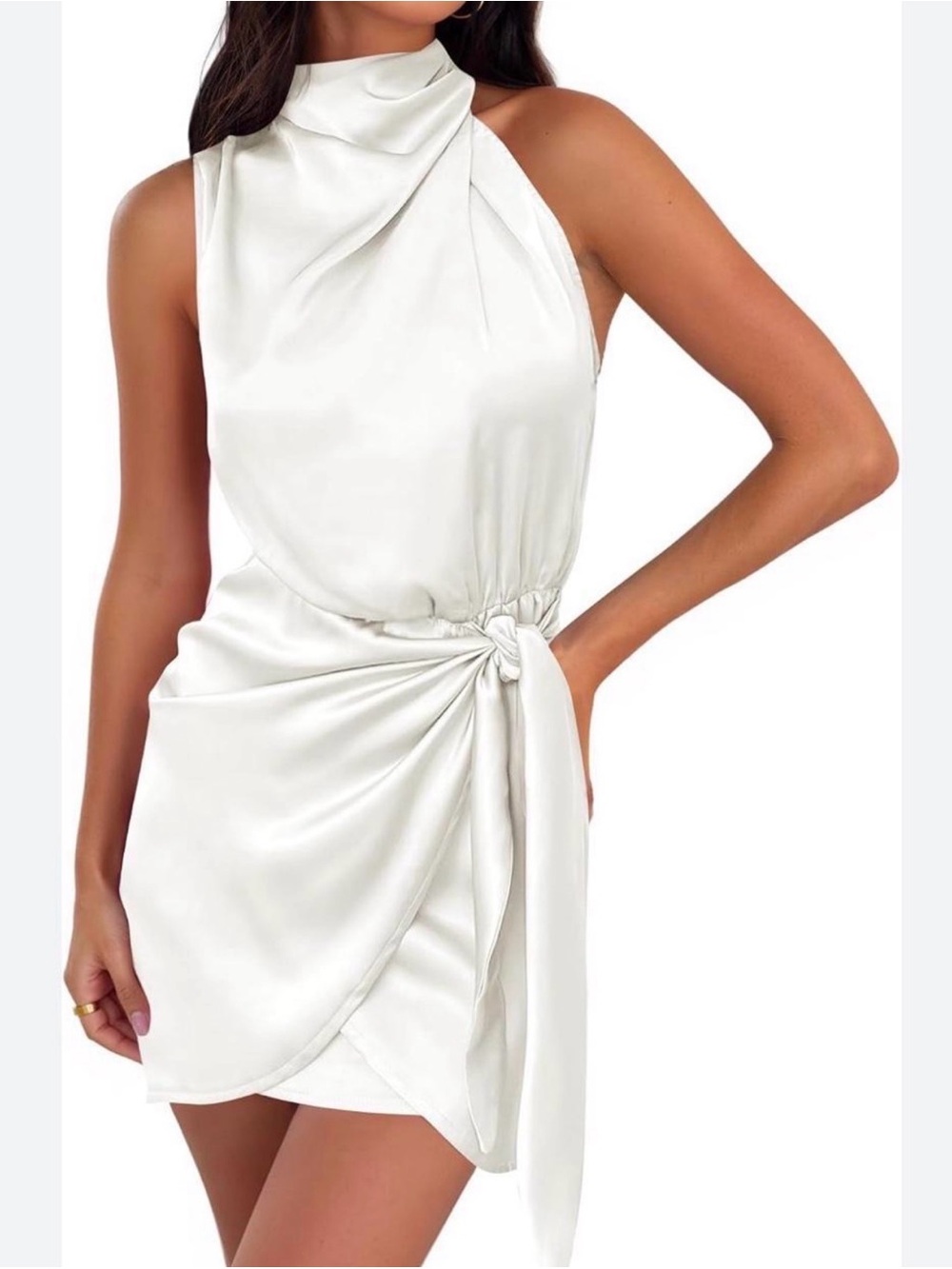 Satin Halter Tie-Waist Mini Dress in White